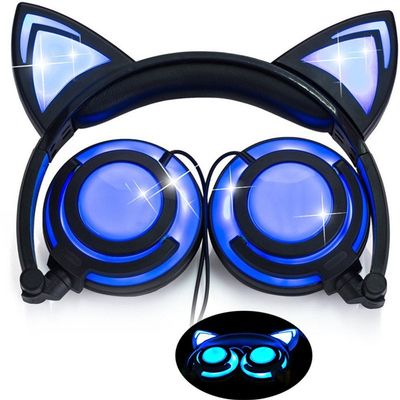 Easycat Cat Ear Headphones, Wired On-Ear Foldable LED Gaming Flashing Lights USB Charger Earphone Headset for Children, Compatible with iOS Phone and Android Phone Laptop (Black)