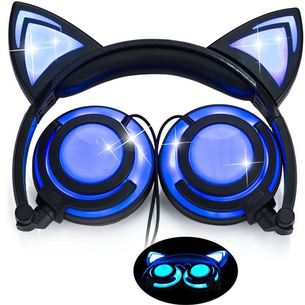 Easycat Cat Ear Headphones, Wired On-Ear Foldable LED Gaming Flashing Lights USB Charger Earphone Headset for Children, Compatible with iOS Phone and Android Phone Laptop (Black)
