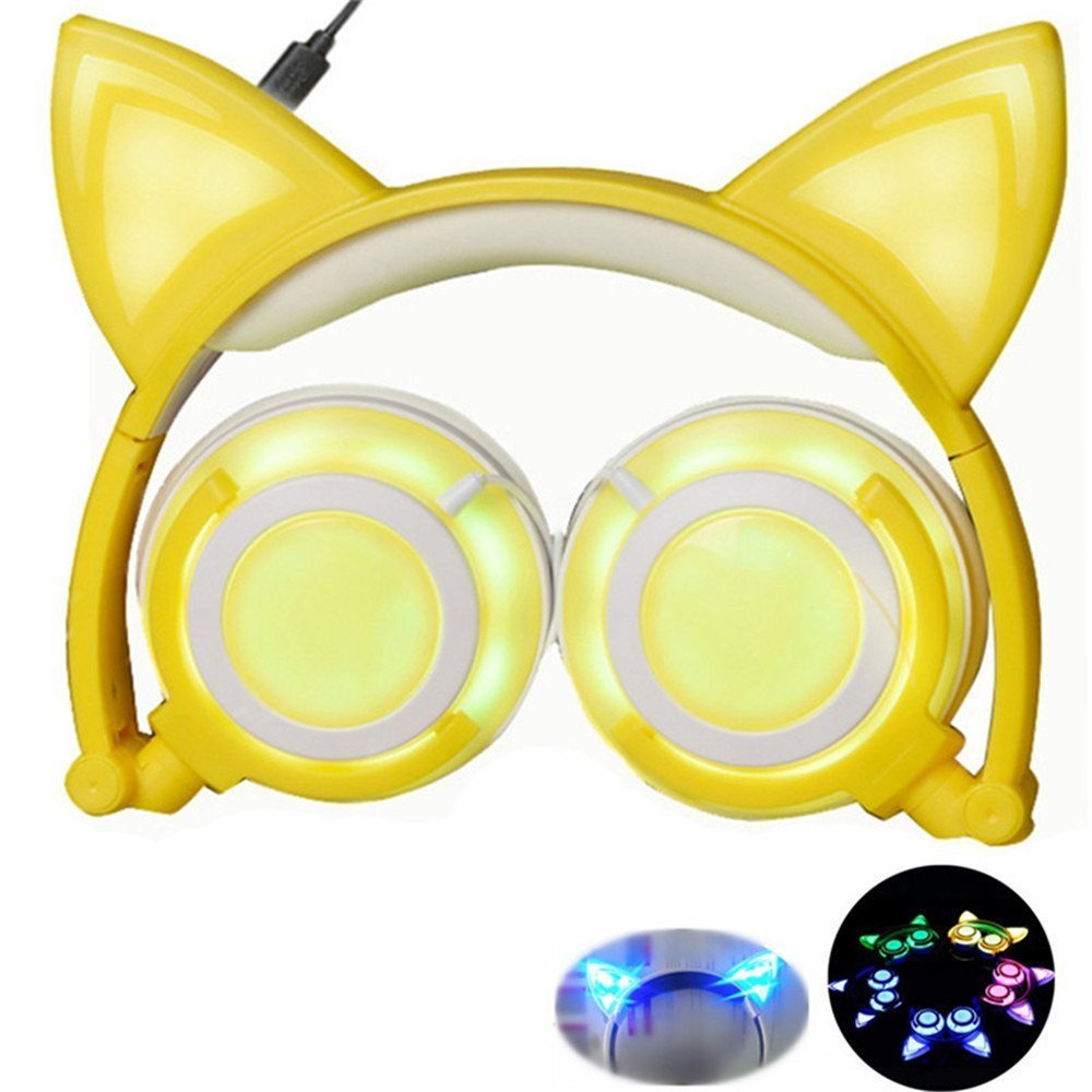 Easycat Cat Ear Headphones, Wired On-Ear Foldable LED Gaming Flashing Lights USB Charger Earphone Headset for Children, Compatible with iOS Phone and Android Phone Laptop (Yellow)