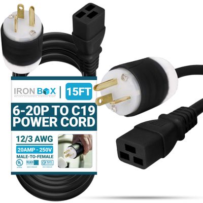 IronBox Electric 6-20P to C19 Power Cords Rated 20A, 250V, 12/3 AWG - UL Listed Extension Cable Adapter - Power Supply Cables- Heavy Duty Plug and Cord for Computer, Data Centers & More (15ft, Build)