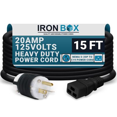IronBox Electric 5-20P to C19 Power Cords - 20A, 125V, 12/3 SJT - UL Listed Extension Cable Adapter - Power Supply Cables- Heavy Duty Plug and Cord for Computer, PDU, Data Centers & More (15ft, Build)