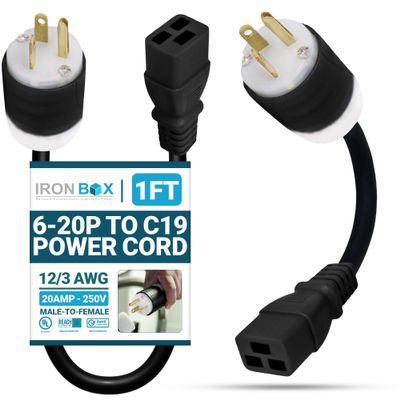 IronBox Electric 6-20P to C19 Power Cords Rated 20A, 250V, 12/3 AWG - UL Listed Extension Cable Adapter - Power Supply Cables- Heavy Duty Plug and Cord for Computer, Data Centers & More (1ft, Build)