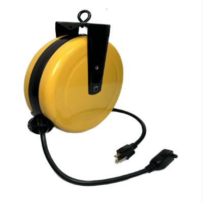 25 ft Locking, Retractable Extension Cord Reel - 15 amp (BLACK CORD, YELLOW REEL)
