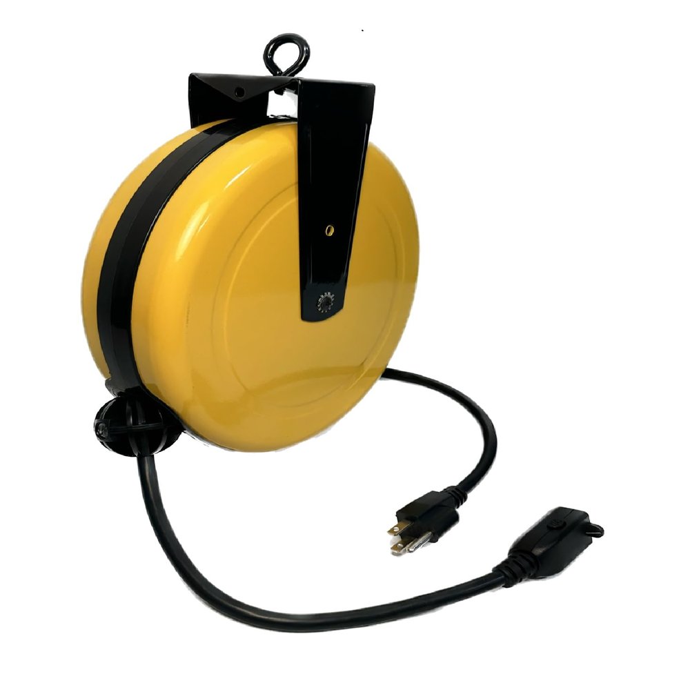 25 ft Locking, Retractable Extension Cord Reel - 15 amp (BLACK CORD, YELLOW REEL)
