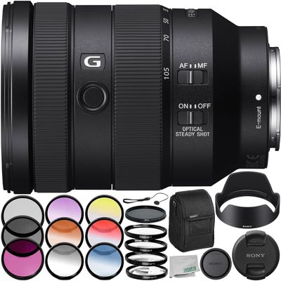 Sony FE 24-105mm f/4 G OSS Lens with 6 Item Accessory Bundle - Includes 3pc Filter Kit  77mm (UV, CPL, FLD) + 4pc Close Up Filter Kit  77mm (+1,+2,+4,+10) + 6pc Graduated Filter Kit + More