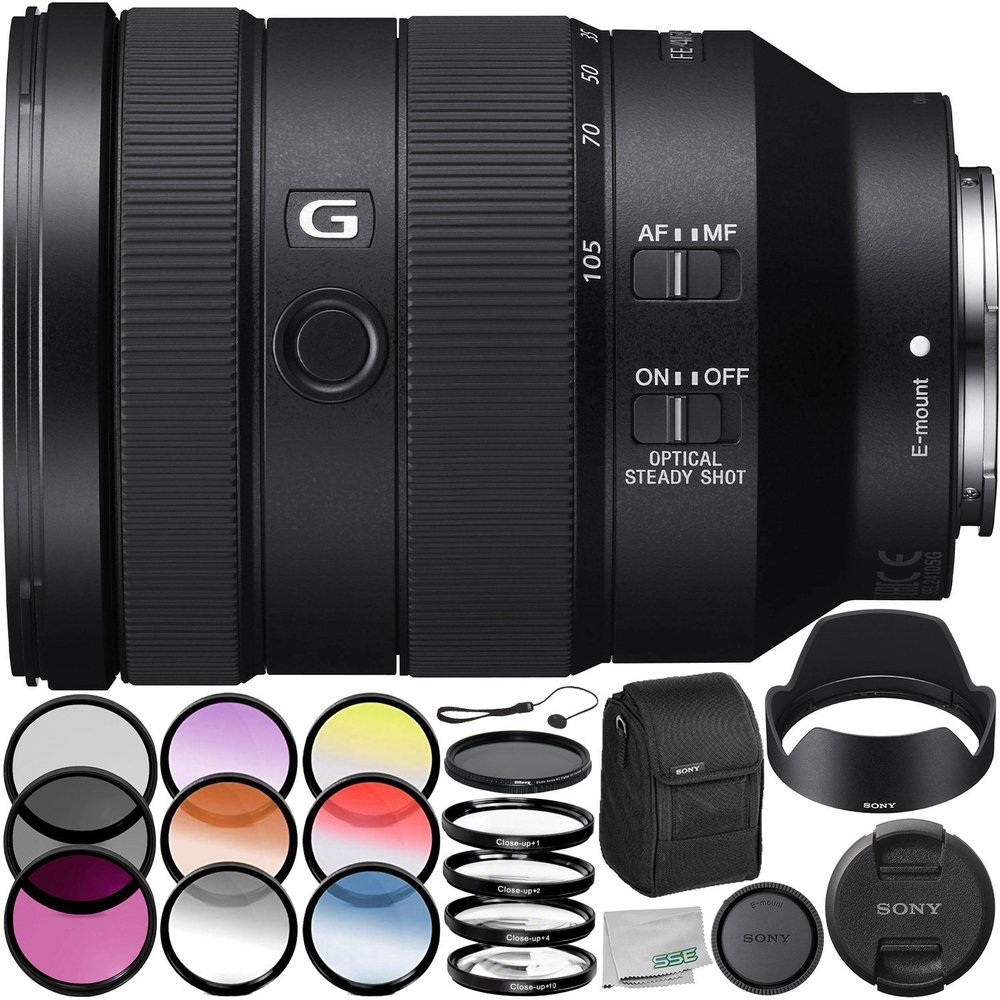 Sony FE 24-105mm f/4 G OSS Lens with 6 Item Accessory Bundle - Includes 3pc Filter Kit  77mm (UV, CPL, FLD) + 4pc Close Up Filter Kit  77mm (+1,+2,+4,+10) + 6pc Graduated Filter Kit + More