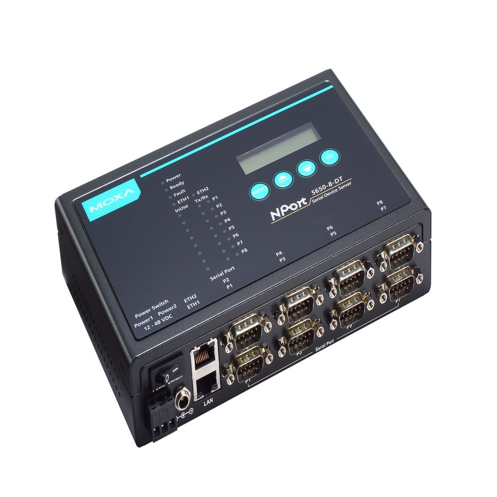 MOXA NPort 5650I-8-DT 8-Port Device Server, 10/100 Ethernet, RS-232/422/485, DB-9M, 15KV ESD, Optical Isolation, 12-48VDC, 110V Power Supply
