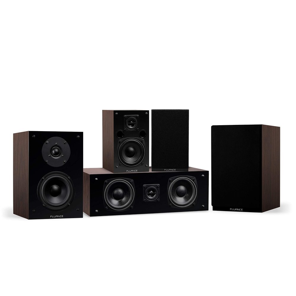 Fluance Elite High Definition Compact Surround Sound Home Theater 5.0 Channel Speaker System Including 2-Way Bookshelf, Center Channel and Rear Surround Speakers - Walnut (SX50WC)