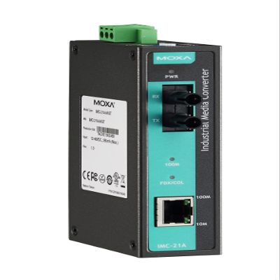 MOXA IMC-21A-M-ST Industrial 10/100BaseT(X) to 100BaseFX Media Converter, Multi Mode, ST Connector, -10 to 60 C