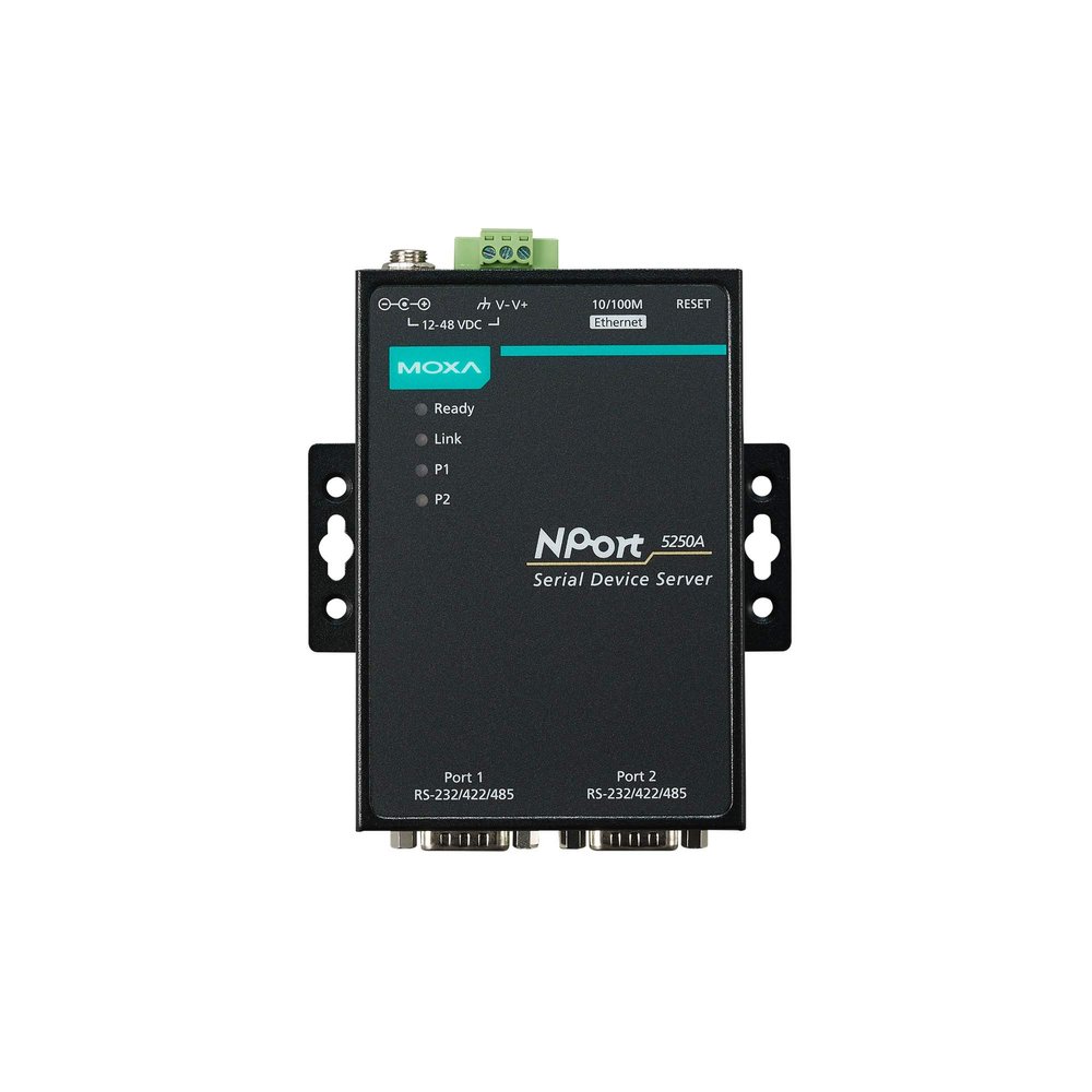 MOXA NPort 5250A-T 2 Port Device Server, 10/100M Ethernet, RS-232/422/485, DB9 Male, 15KV ESD, 0.5KV Serial Surge, 12~48VDC, -40~75C