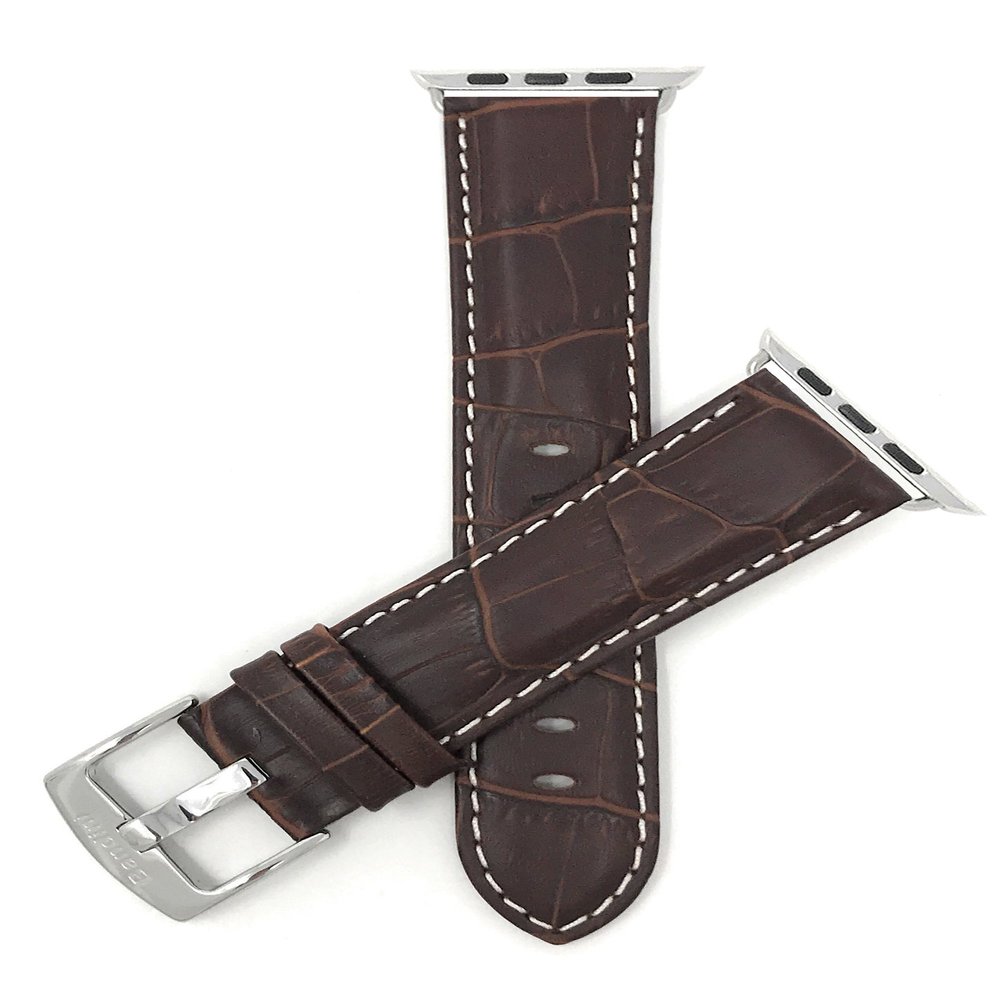 Bandini Replacement Watch Band for Apple Watch 42mm/44mm, Brown, Mens' Alligator Style Leather, White Stitching, Stainless Steel Buckle, Fits Series 6, 5, 4, 3, 2, 1