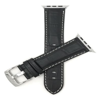 Bandini Replacement Watch Band for Apple Watch 42mm/44mm, Black, Mens' Alligator Style Leather, White Stitching, Stainless Steel Buckle, Fits Series 6, 5, 4, 3, 2, 1