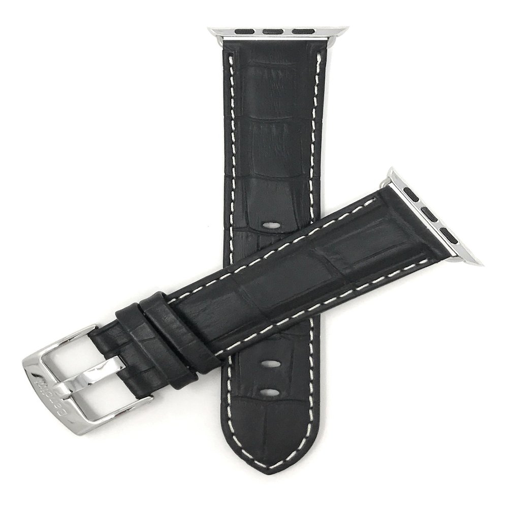 Bandini Replacement Watch Band for Apple Watch 42mm/44mm, Black, Mens' Alligator Style Leather, White Stitching, Stainless Steel Buckle, Fits Series 6, 5, 4, 3, 2, 1
