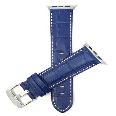 Bandini Replacement Watch Band for Apple Watch 42mm/44mm, Blue, Mens' Alligator Style Leather, White Stitching, Fits Series 6, 5, 4, 3, 2, 1