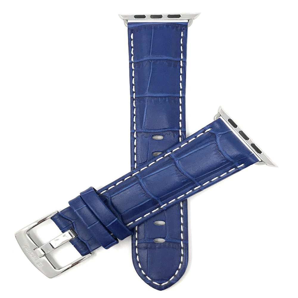 Bandini Replacement Watch Band for Apple Watch 42mm/44mm, Blue, Mens' Alligator Style Leather, White Stitching, Fits Series 6, 5, 4, 3, 2, 1