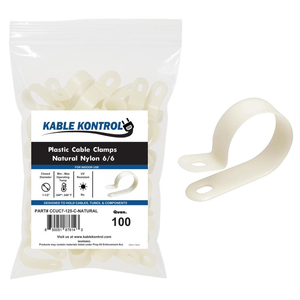 Kable Kontrol Nylon Cable Clamps RType 1-1/2 Diameter 100 Pcs - Nylon 6-6 Screw Mount Wire Clamps Cord Clips Mounting Fastener Clips Cord Clamp for Industrial & Automotive Use - White/Natural