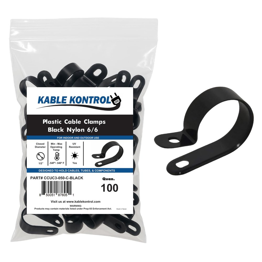 Kable Kontrol Nylon Cable Clamps RType 1/2 Diameter 100 Pcs - Nylon 6-6 Screw Mount Wire Clamps Cord Clips Mounting Fastener Clip Cord Clamps for Industrial & Automotive Use Black