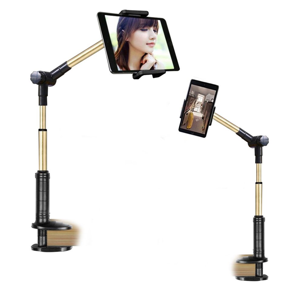 Foldable Phone Tablet Stand, Flexible Universal 360 Rotating Clip Holder, Bed Desk Lazy iPad Clamp Mount, Adjustable Long Arm Metal Bracket for Samsung Android iPhone 4-14" Device (1 arm, Balck Gold)