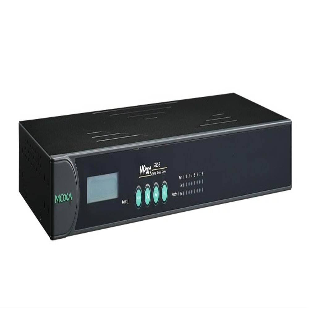 MOXA NPort 5650-8 8-Serial Port Serial Device Server, 10/100 Ethernet, RS-232/422/485, RJ-45 8pin, 15KV ESD, 100-240 VAC Power Input.