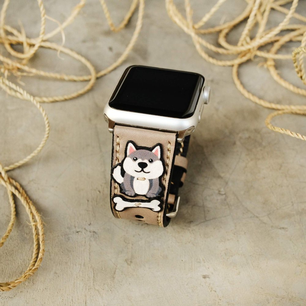 Applique Huskie Apple Watch Band Series 5, 38mm 40mm 42mm 44mm,Series 4 Series 3 Series 2 Series 1,Hand-Stitched Handmade Apple Watch Leather