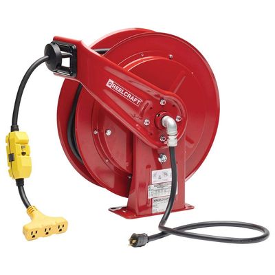 Reelcraft L 70100 123 9G Spring Retractable Cord Reel, 12 AWG/3 Conductors x 100', 15 AMP, Tri-tap GFCI Outlet, Cord Included