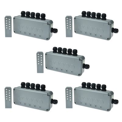 SuperInk 5 Set 15A 5-Gang Junction Box Weatherproof Outdoor Switched with 5 x Push Switches w/indicators and 6 x 20mm Cable Gland and Remote Power Switch IP66 Rated (5PK Box, 5PK Remote Control)