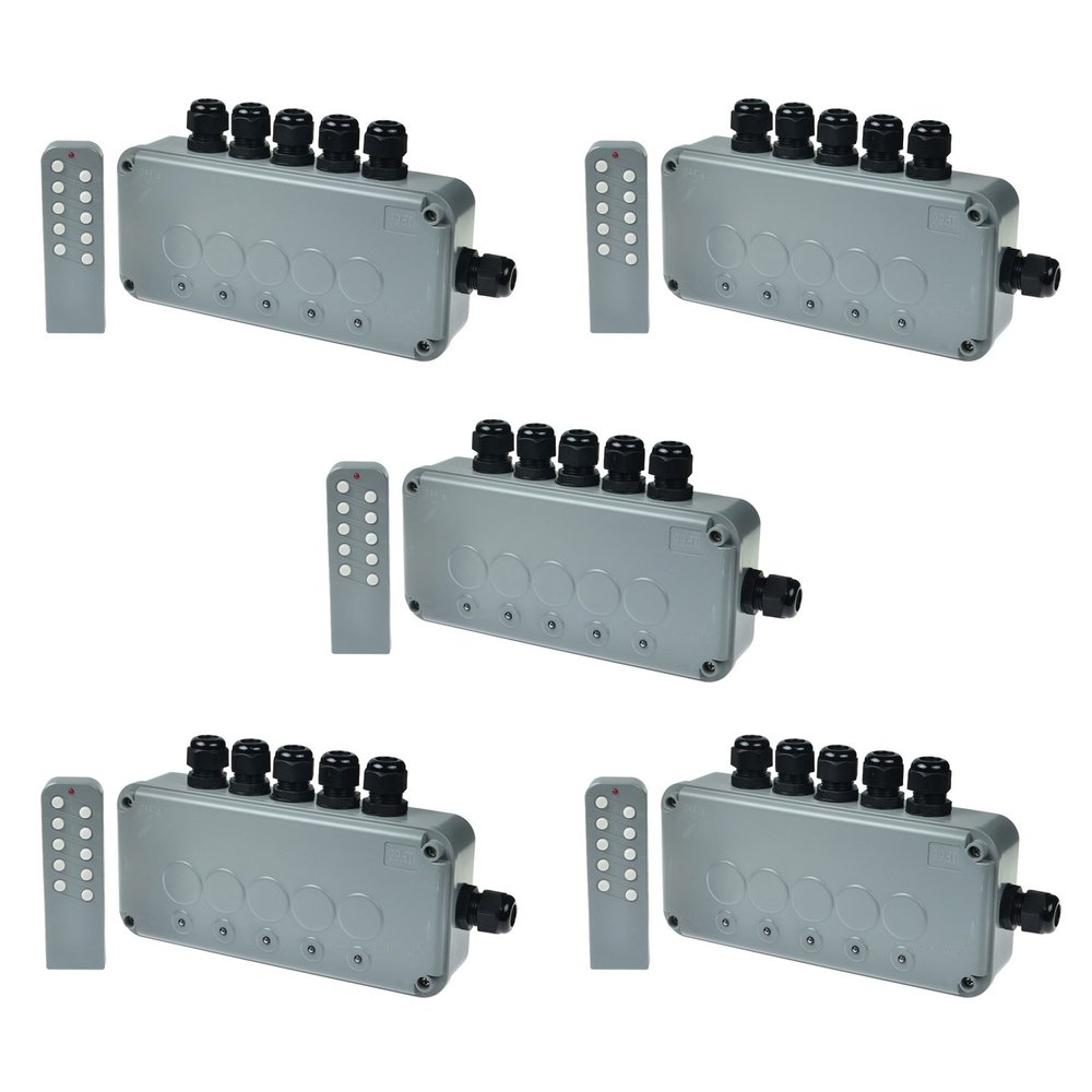 SuperInk 5 Set 15A 5-Gang Junction Box Weatherproof Outdoor Switched with 5 x Push Switches w/indicators and 6 x 20mm Cable Gland and Remote Power Switch IP66 Rated (5PK Box, 5PK Remote Control)