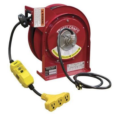 Reelcraft L 4545 123 9G Heavy Duty Power Cord Reel, 12 AWG/3 Conductors x 45', 15 AMP, Tri-tap GFCI Outlet, Cord Included