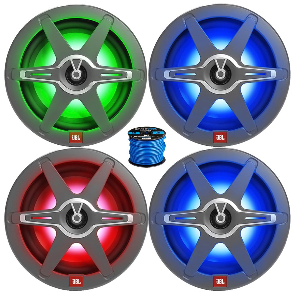 8" 450 Watt Peak Power Marine Gray Speakers (Qty 4) with 16 Gauge 50 ft Speaker Wire