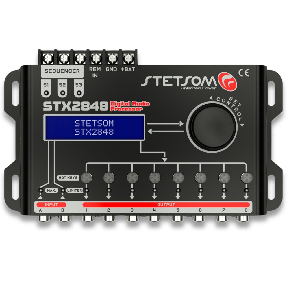 Stetsom STX 2848 PRO - DSP Crossover & Equalizer 8 Channel Full Digital Signal Processor (Sequencer) 2.8, Audio Processor, Limiter, Sequencer, 2 RCA Input, Full Digital Signal Audio