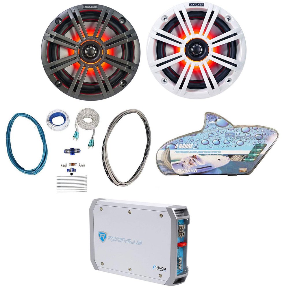 (2) KICKER 45KM654L 6.5" 390w Marine LED Speakers w/Charcoal+White Grilles KM65 Bundle with RockvilIe RMWK8 8 AWG Gauge Amp & RockvilIe RXM-T1 1500 Watt Peak Marine/Boat 2 Channel Stereo Amp (3 Items)