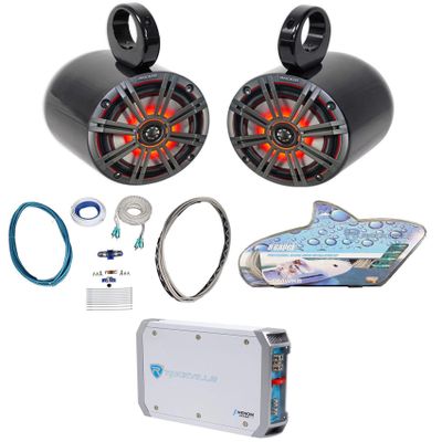 KICKER (2) 45KM654L 6.5" 390w Marine LED Speakers w/Charcoal+White Grilles KM65 Bundle with 2 RockvilIe MAC65B 6.5" Black Aluminum Wakeboard, RockvilIe RMWK8 Amp & RockvilIe RXM-T1 Amp (4 Items)