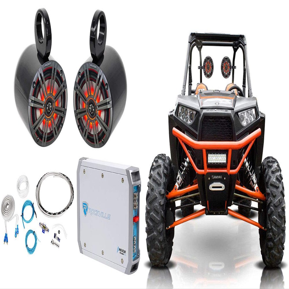 (2) Kicker 45KM654L 6.390w Marine LED Speakers w/Charcoal Bundle with 2 Rockville MAC65B Tower Speaker Enclosures, RWK8ATV OFC Amp Installation Kit and RXM-T1 Marine Amplifier Stereo