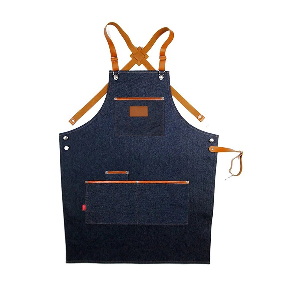 Genuine Leather Strap Denim or Canvas Apron With Utility Leather Pockets Adjustable to L Woodworkers Tattoo Hairdresser Butchers Apron (M and L same size, Denim style 3)
