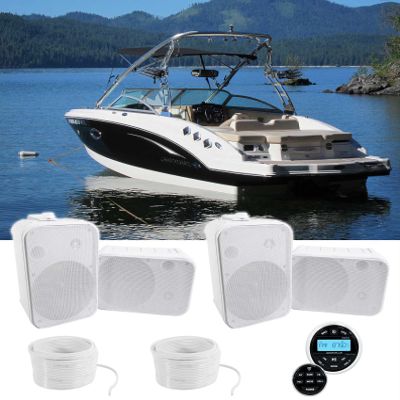 Rockville RGHR2 Bundle: Marine Gauge Receiver Bluetooth w/Wired Remote, (4) HP65S 6.5" 500-Watt Peak/160-Watt RMS Box Speakers w/Swivel Brackets, (2) MARINE 16G50 50ft 16 AWG OFC Speaker Wire, 5-items