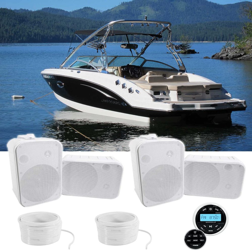 Rockville RGHR2 Bundle: Marine Gauge Receiver Bluetooth w/Wired Remote, (4) HP65S 6.5" 500-Watt Peak/160-Watt RMS Box Speakers w/Swivel Brackets, (2) MARINE 16G50 50ft 16 AWG OFC Speaker Wire, 5-items