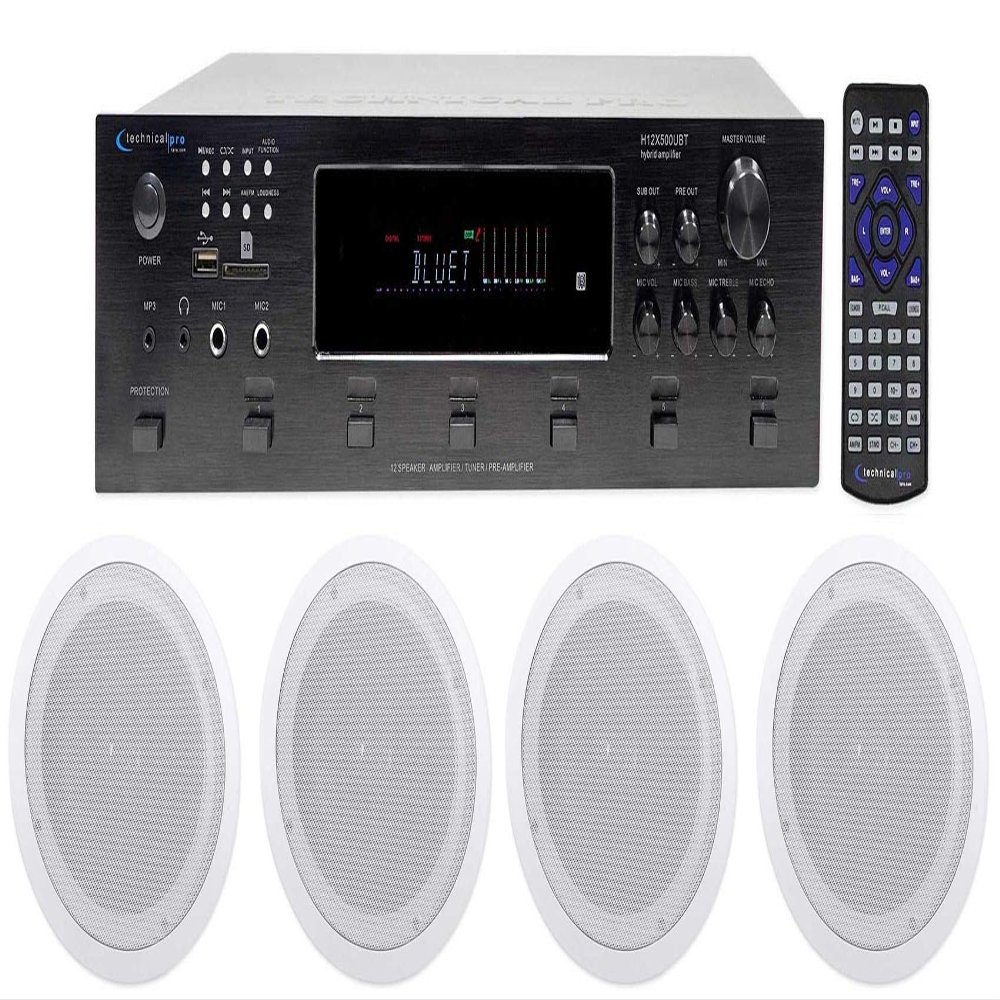 Technical Pro H12X500UBT 6000w 6-Zone 12-Speaker Bluetooth Home Theater Receiver Receiver Bundle with Pair Rockville HC85 8" Inch 700 Watt in-Ceiling Home Theater Speakers 8 Ohm