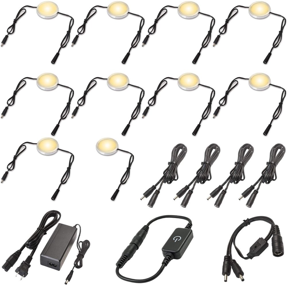 Under Cabinet LED Pucks 120V Hardwired, Touch Dimmer, 10 Lights, Warm white