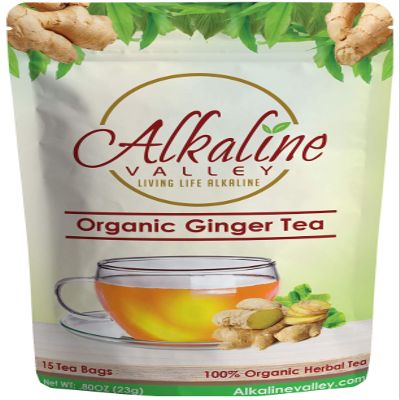 Ginger Tea Organic - 100% Alkaline - 15 Unbleached/Chemical-Free Ginger Tea Bags - Caffeine-Free, No GMO+