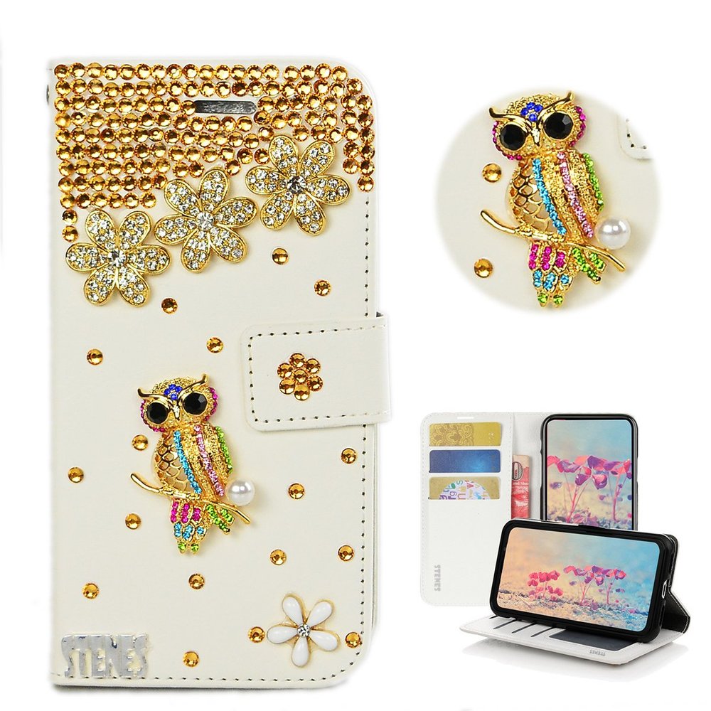 STENES Bling Case Compatible with iPod Touch 6 Case - 3D Handmade Crystal Pretty Night Owl Floral Wallet Credit Card Slots Fold Stand Leather Cover - Gold