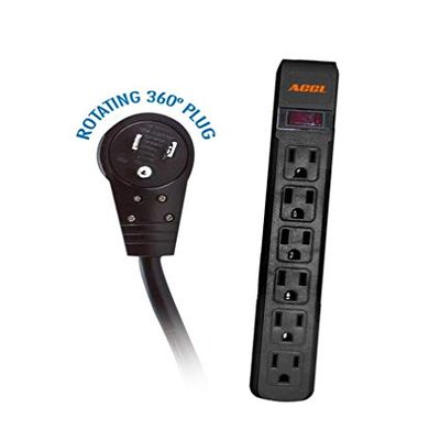 ACCL 3 Prong Surge Protector with 15 Feet Power Cord, 360 Degree Rotating Plug, 6 Horizontal Outlets, UL Listed & Black Color Plastic Body, 3 Pack