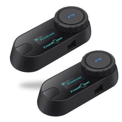 FreedConn Motorcycle Helmet Communication System T-COM SC 2Pack, 2-Way 800M Universal Helmet Bluetooth 5.0 Intercom kit with LCD Screen for Motorbike, Music Sharing/FM Radio/Siri/ IP65/ 2 in1 mic