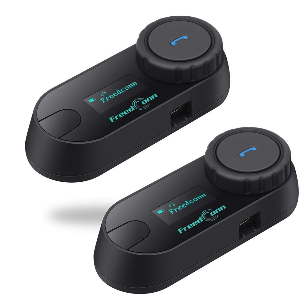 FreedConn Motorcycle Helmet Communication System T-COM SC 2Pack, 2-Way 800M Universal Helmet Bluetooth 5.0 Intercom kit with LCD Screen for Motorbike, Music Sharing/FM Radio/Siri/ IP65/ 2 in1 mic