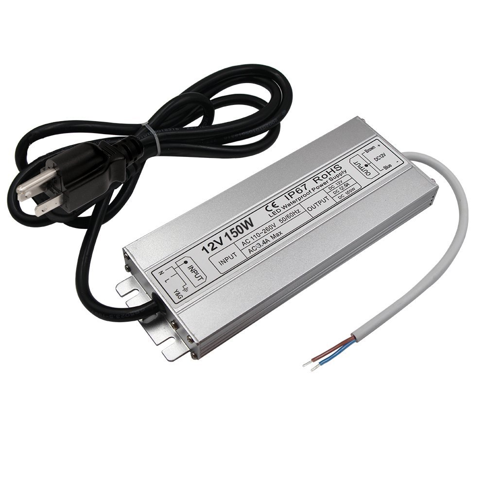 LED Driver Waterproof IP67 Power Supply 150W 12V DC 12.5a Transformer thinner and Durable with US 3-Prong Plug Plate for Outdoor Use