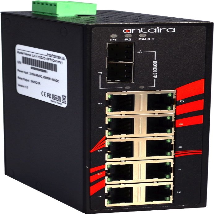 Antaira LNX-1202G-SFP Industrial-Grade 12-Port Unmanaged Gigabit Ethernet Switch, 2 SFP Slots, DIN-Rail Mount, -10 to 70C Operating Temperature, Redundant 12 to 48 VDC Power Input