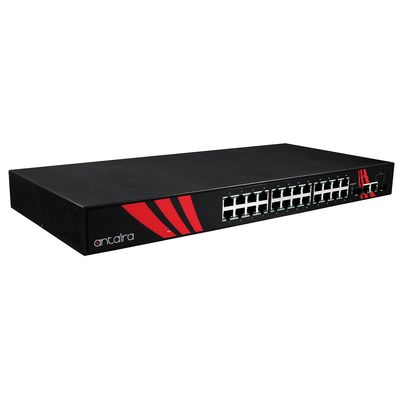 Antaira LNX-2602G-SFP Industrial 26-Port Unmanaged Gigabit Ethernet Switch, 2 SFP Slots, DIN-Rail Mount, -10 to 70C Operating Temperature, AC Power Input