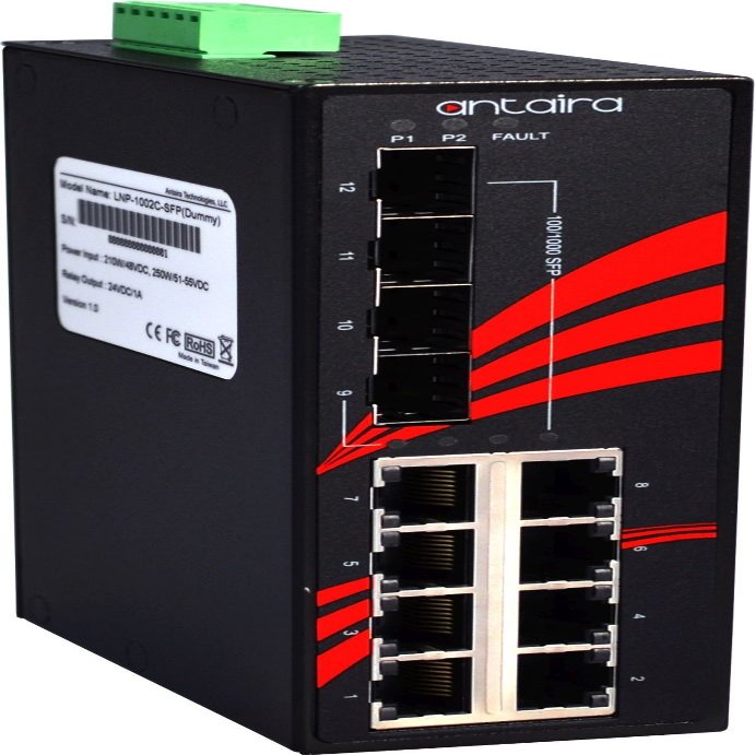 Antaira LNX-1204G-SFP Industrial-Grade 12-Port Unmanaged Gigabit Ethernet Switch, 4 SFP Slots, DIN-Rail Mount, -10 to 70C Operating Temperature, Redundant 12 to 48 VDC Power Input