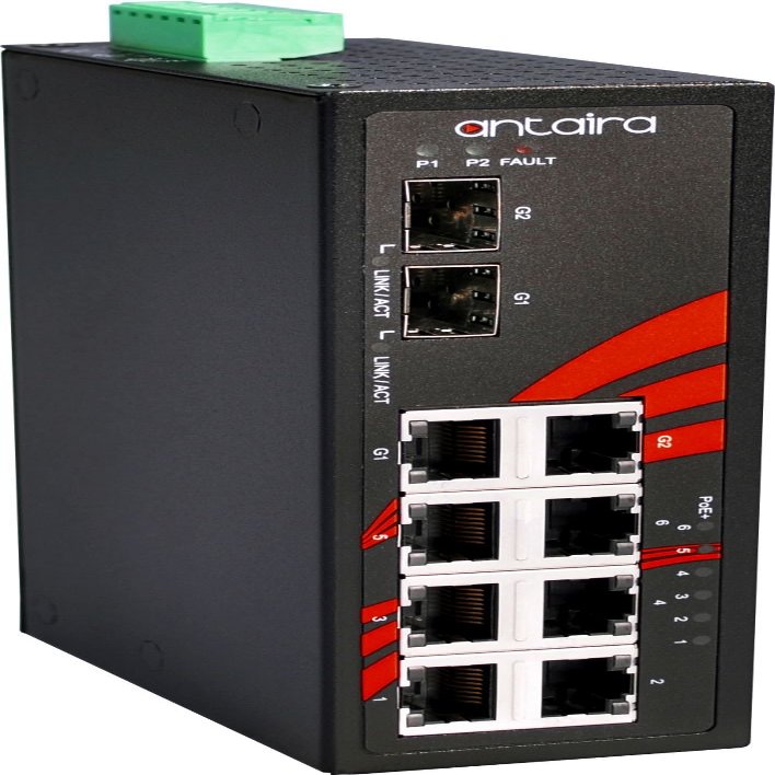 Antaira LNX-0802C-SFP Industrial-Grade 8-Port Unmanaged Fast Ethernet Switch, 2 SFP Slots, DIN-Rail Mount, -10 to 70C Operating Temperature, Redundant 12 to 48 VDC Power Input