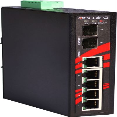 Antaira LNX-0702C-SFP Industrial-Grade 7-Port Unmanaged Fast Ethernet Switch, 2 SFP Slots, DIN-Rail Mount, -10 to 70C Operating Temperature, Redundant 12 to 48 VDC Power Input
