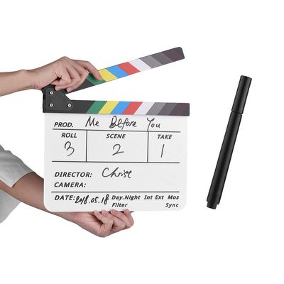 Andoer Dry Erase Acrylic Director Film Clapboard Movie TV Cut Action Scene Clapper Board Slate with Marker Pen, Black/White Stick, White